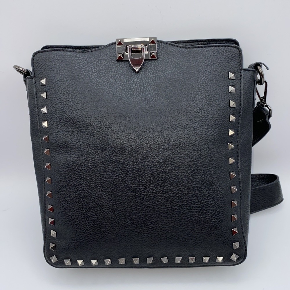Black Leather Shoulder Purse Crossbody Bag with Silver Studs and Hardware *Read